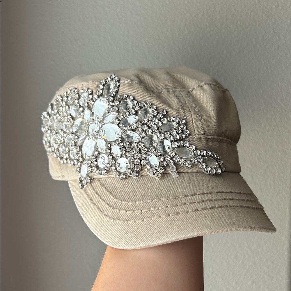 Olive & Pique Embellished Rhinestone Beige Cap